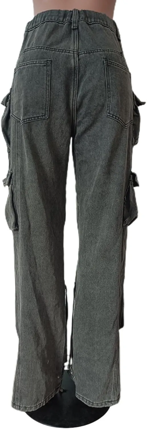 Vaceky Denim Baggy Jeans Women Straight Leg Y2K Distressed Cargo Joggers with Pockets