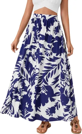 Vrtige Women's Casual Floral Print Elastic High Waist Flare Beach A Line Long Maxi Skirt