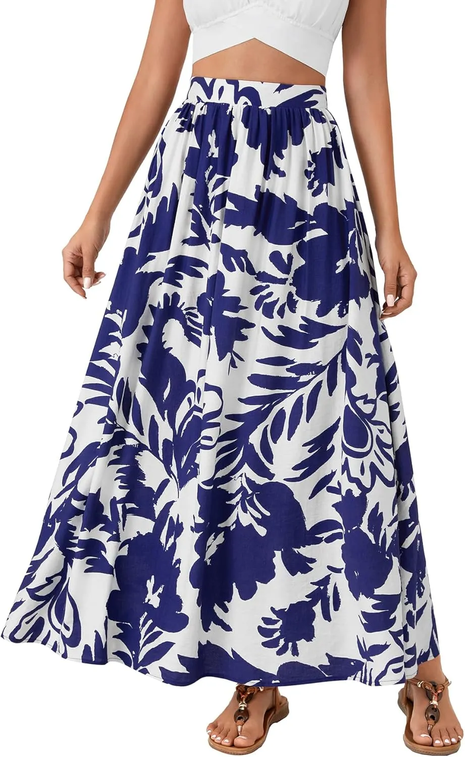 Vrtige Women's Casual Floral Print Elastic High Waist Flare Beach A Line Long Maxi Skirt