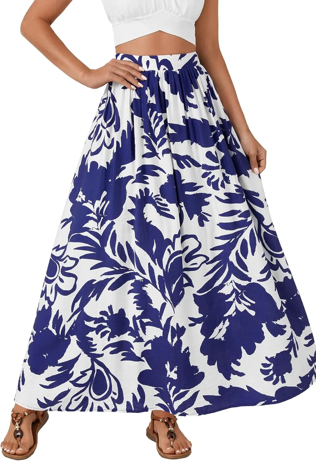 Vrtige Women's Casual Floral Print Elastic High Waist Flare Beach A Line Long Maxi Skirt