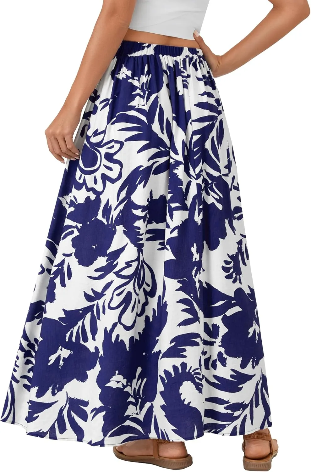 Vrtige Women's Casual Floral Print Elastic High Waist Flare Beach A Line Long Maxi Skirt