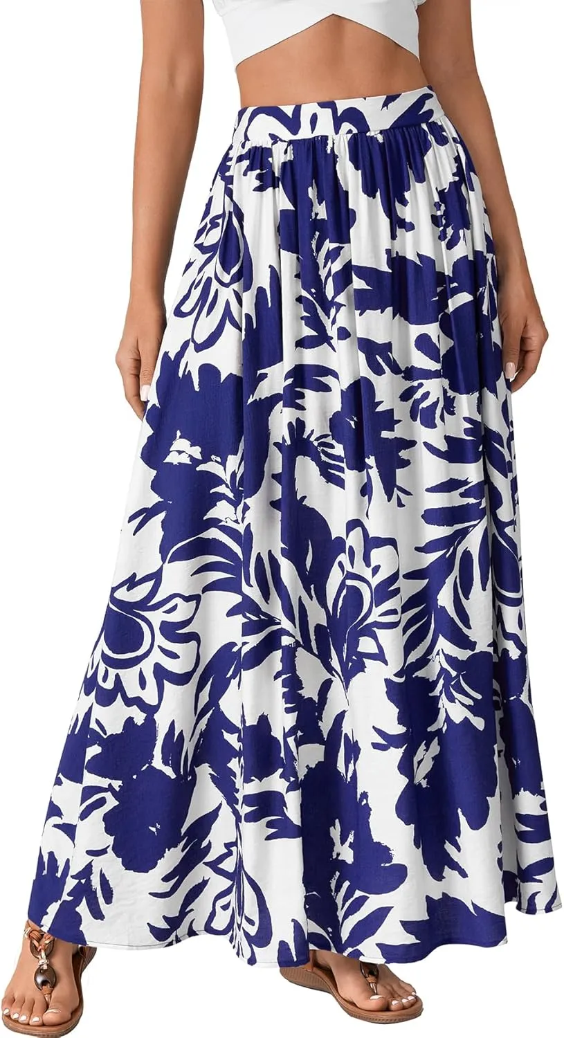 Vrtige Women's Casual Floral Print Elastic High Waist Flare Beach A Line Long Maxi Skirt