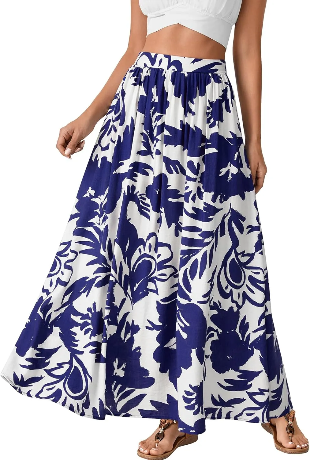 Vrtige Women's Casual Floral Print Elastic High Waist Flare Beach A Line Long Maxi Skirt