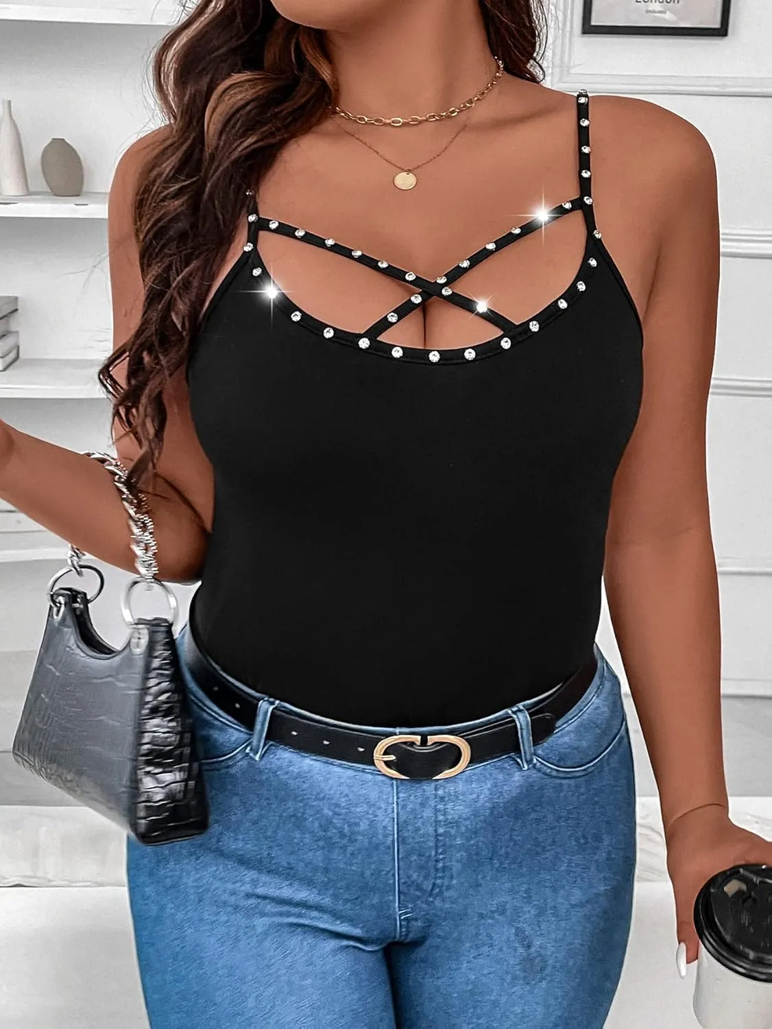 WDIRARA Women's Plus Size Rhinestone Crisscross Spaghetti Strap Cami Top