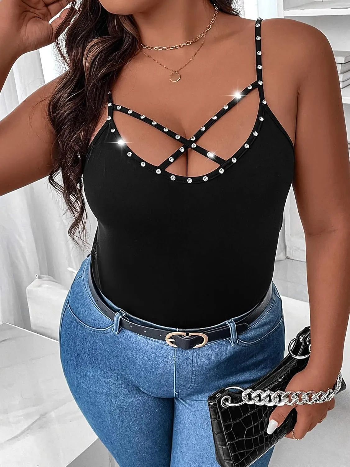 WDIRARA Women's Plus Size Rhinestone Crisscross Spaghetti Strap Cami Top