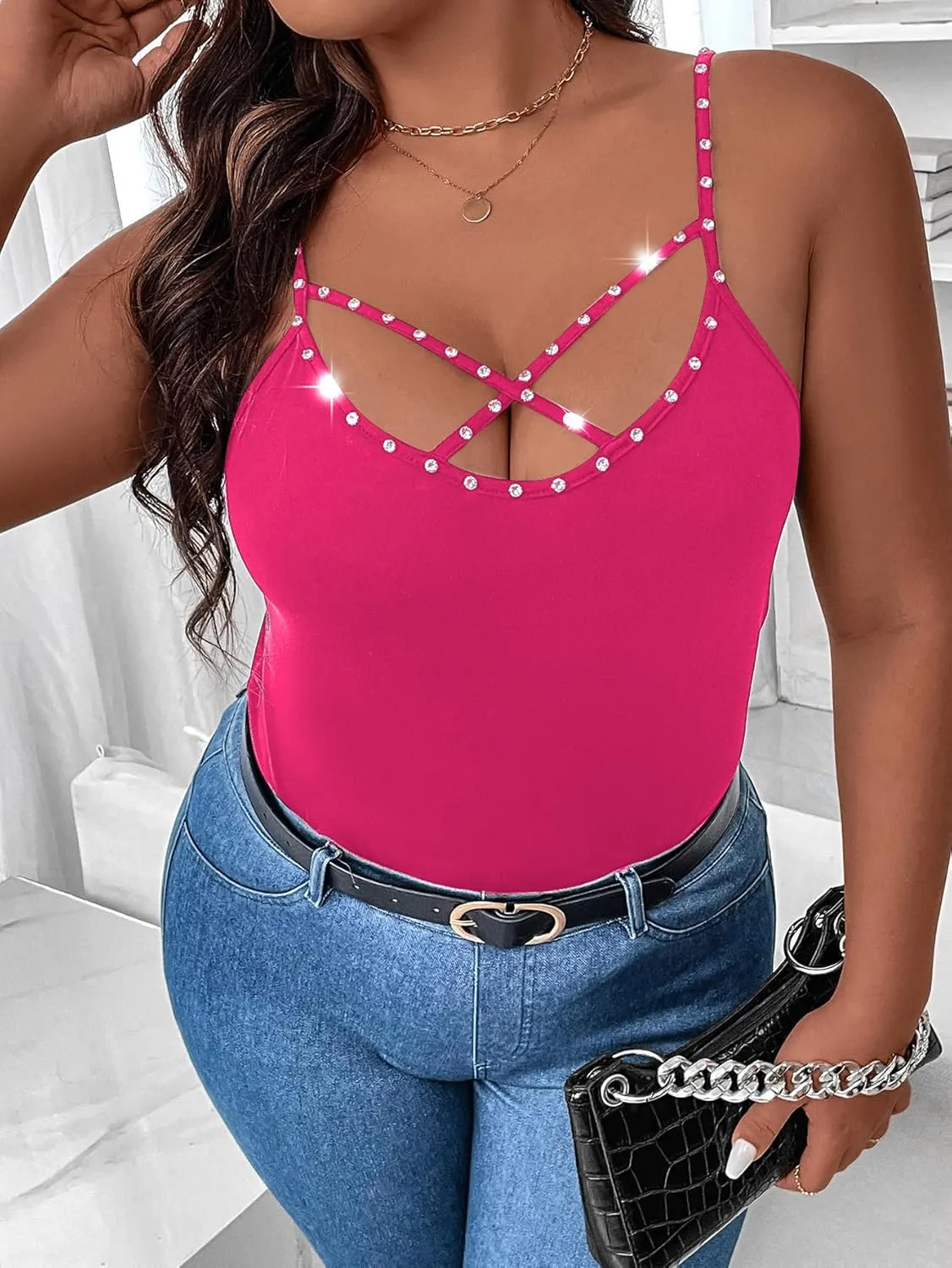 WDIRARA Women's Plus Size Rhinestone Crisscross Spaghetti Strap Cami Top