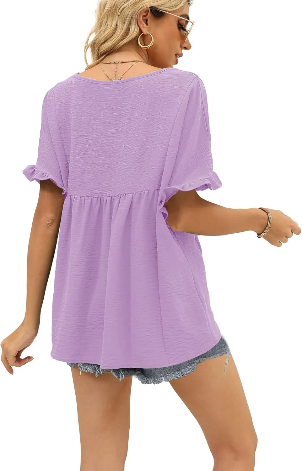 WIHOLL Womens Tops Casual V Neck Ruffle Sleeve T Shirts Babydoll Loose Fit Peplum Tops