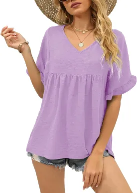 WIHOLL Womens Tops Casual V Neck Ruffle Sleeve T Shirts Babydoll Loose Fit Peplum Tops