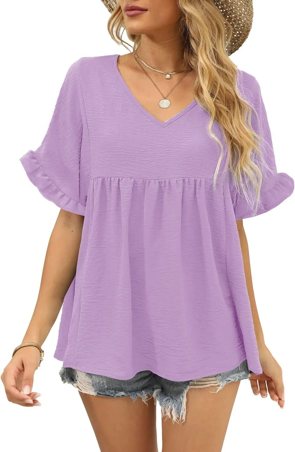 WIHOLL Womens Tops Casual V Neck Ruffle Sleeve T Shirts Babydoll Loose Fit Peplum Tops
