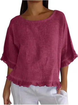 Women Round Neck Ruffled Hem Sleeve Shirts Cotton and Linen Top, Casual Short Sleeve Blouses Linen Tops for Women
