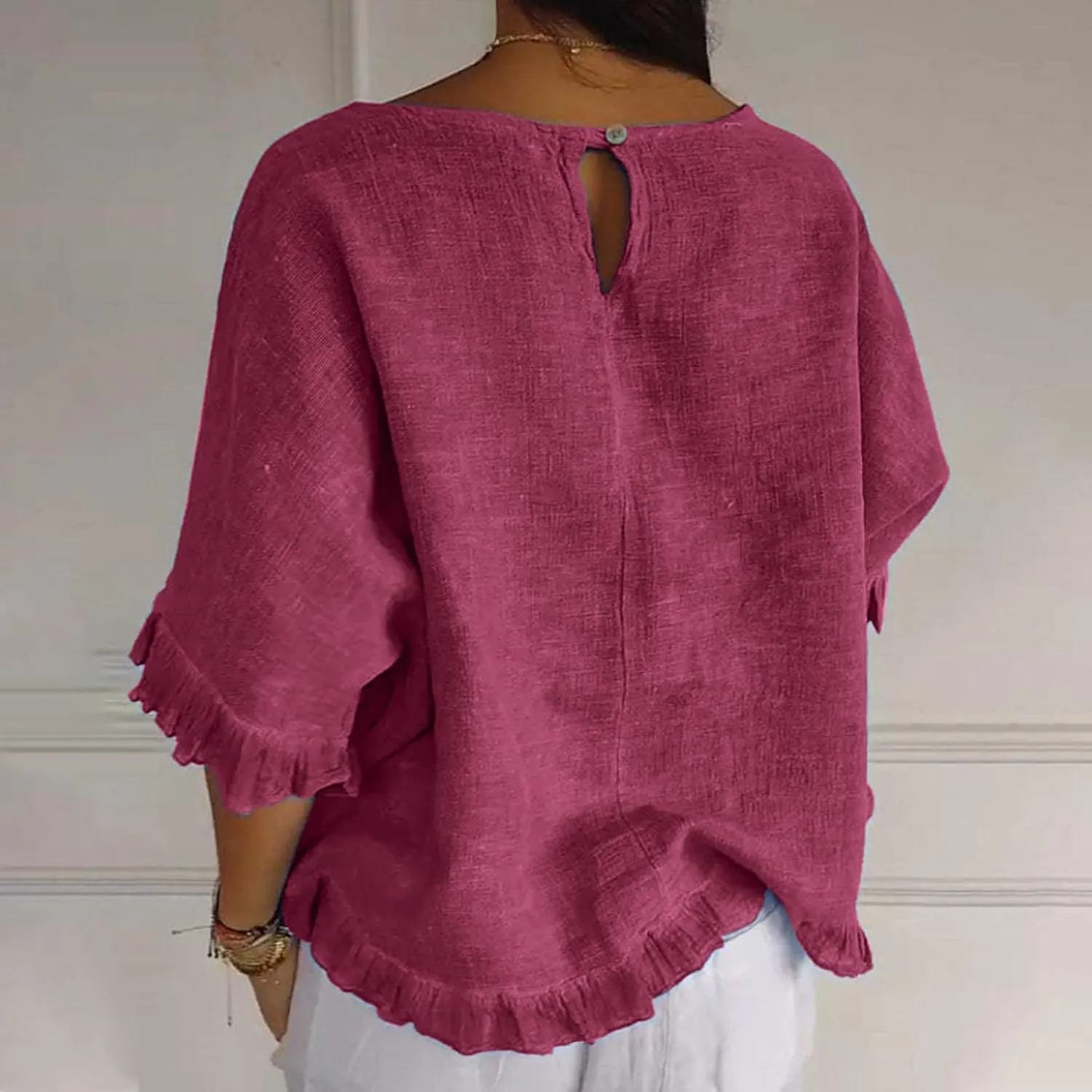 Women Round Neck Ruffled Hem Sleeve Shirts Cotton and Linen Top, Casual Short Sleeve Blouses Linen Tops for Women