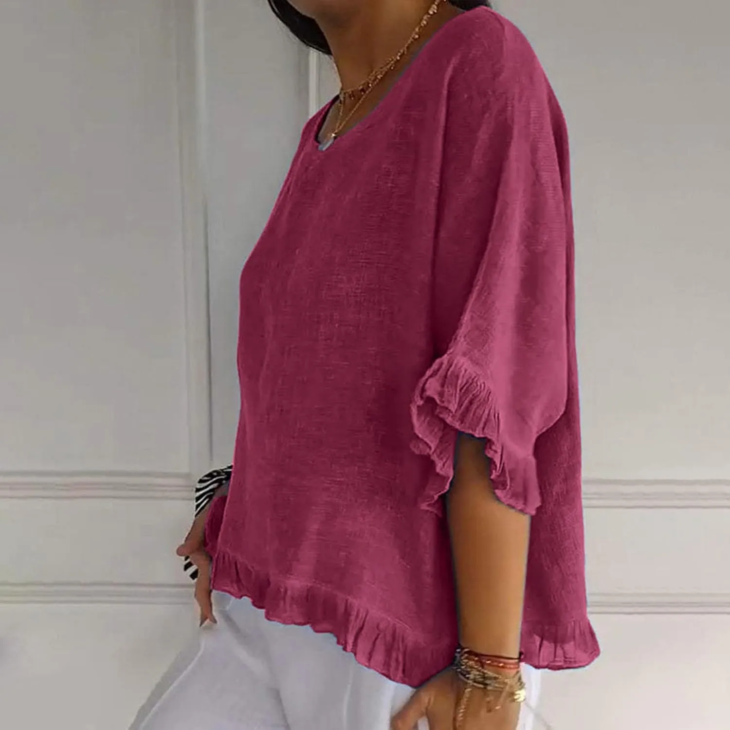 Women Round Neck Ruffled Hem Sleeve Shirts Cotton and Linen Top, Casual Short Sleeve Blouses Linen Tops for Women