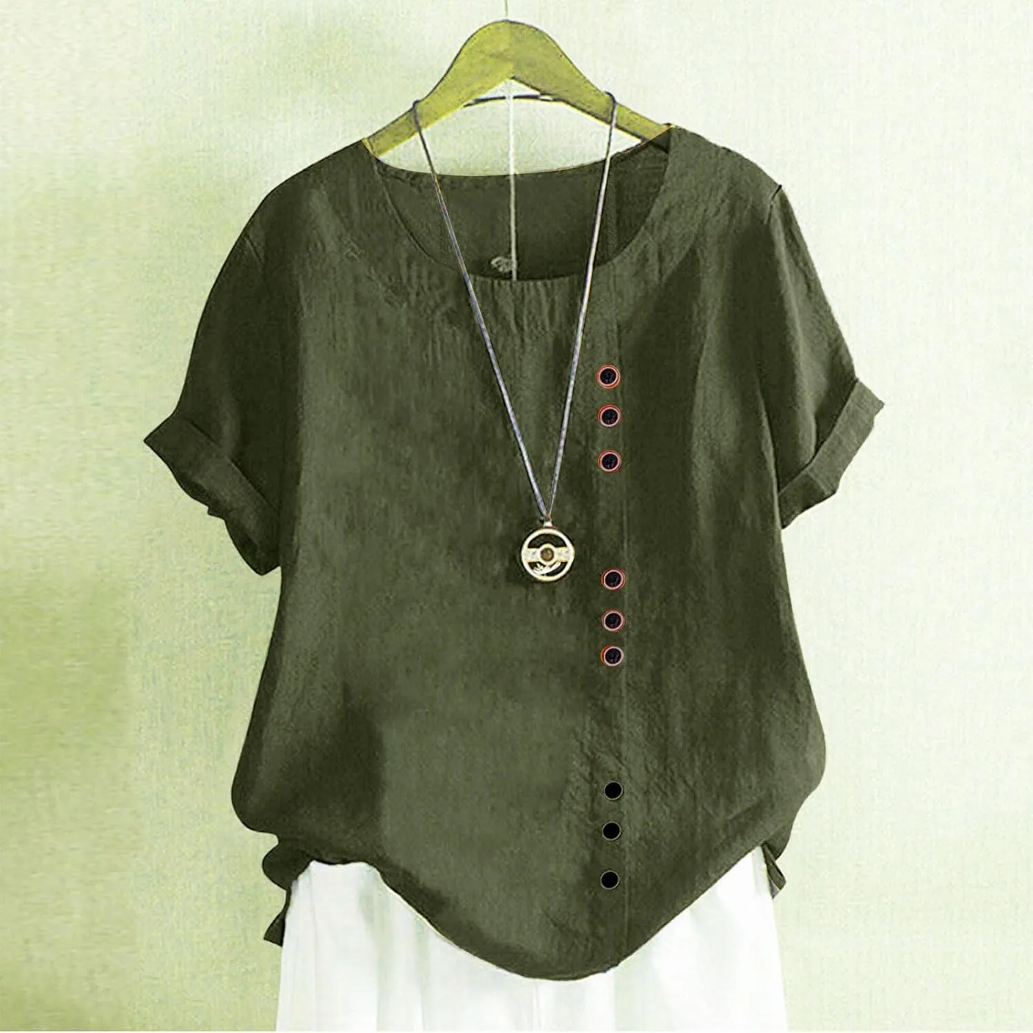 Women Summer Linen Shirts Short Sleeve Crewneck Side Button Retro Tops Casual Loose Fit Pullover Solid Comfy Blouses
