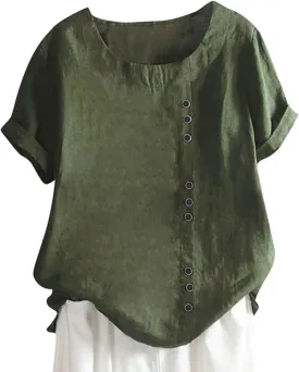 Women Summer Linen Shirts Short Sleeve Crewneck Side Button Retro Tops Casual Loose Fit Pullover Solid Comfy Blouses