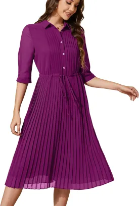 Women V Neck 3/4 Sleeve Pleated A-Line Dress with Belt Swing Midi Dresses for Spring Summer Autumn