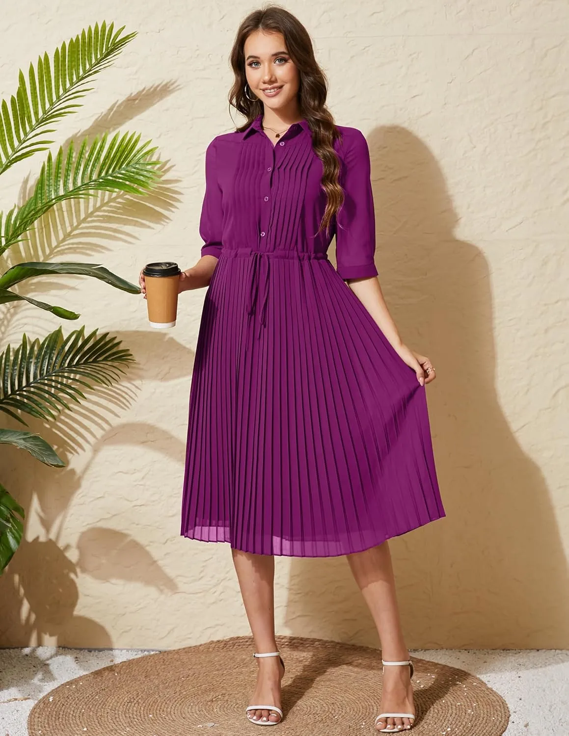 Women V Neck 3/4 Sleeve Pleated A-Line Dress with Belt Swing Midi Dresses for Spring Summer Autumn