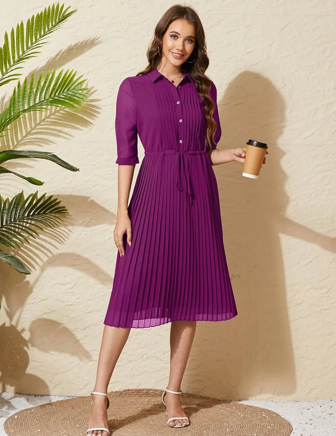 Women V Neck 3/4 Sleeve Pleated A-Line Dress with Belt Swing Midi Dresses for Spring Summer Autumn
