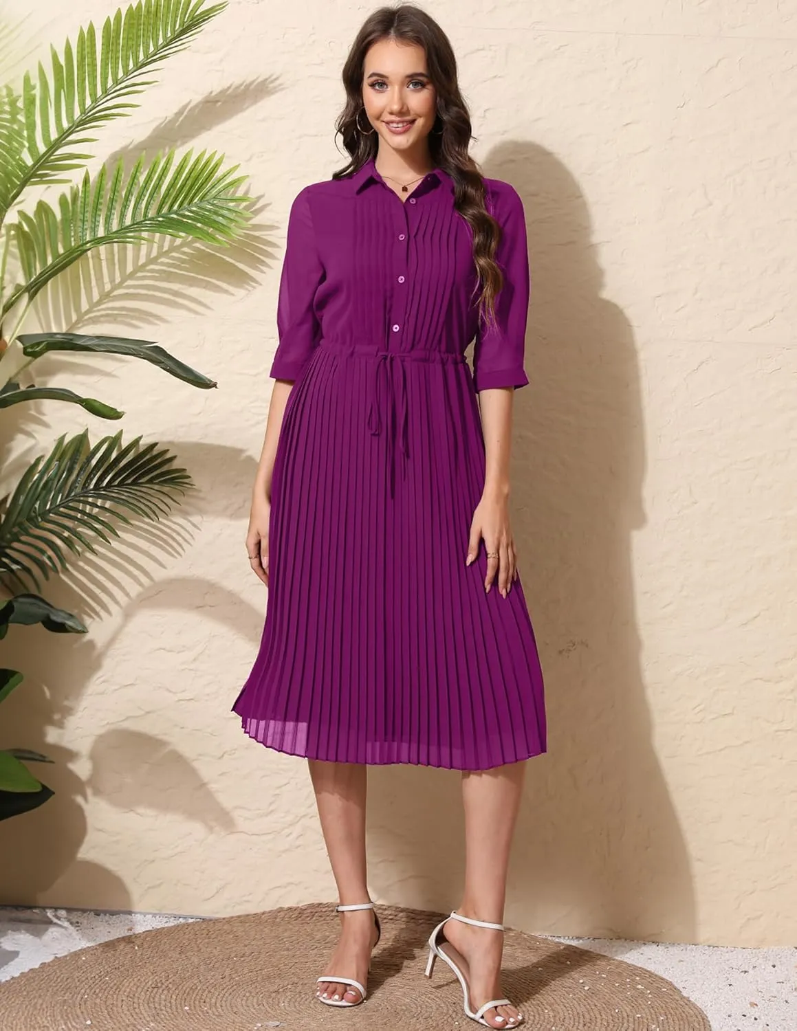 Women V Neck 3/4 Sleeve Pleated A-Line Dress with Belt Swing Midi Dresses for Spring Summer Autumn