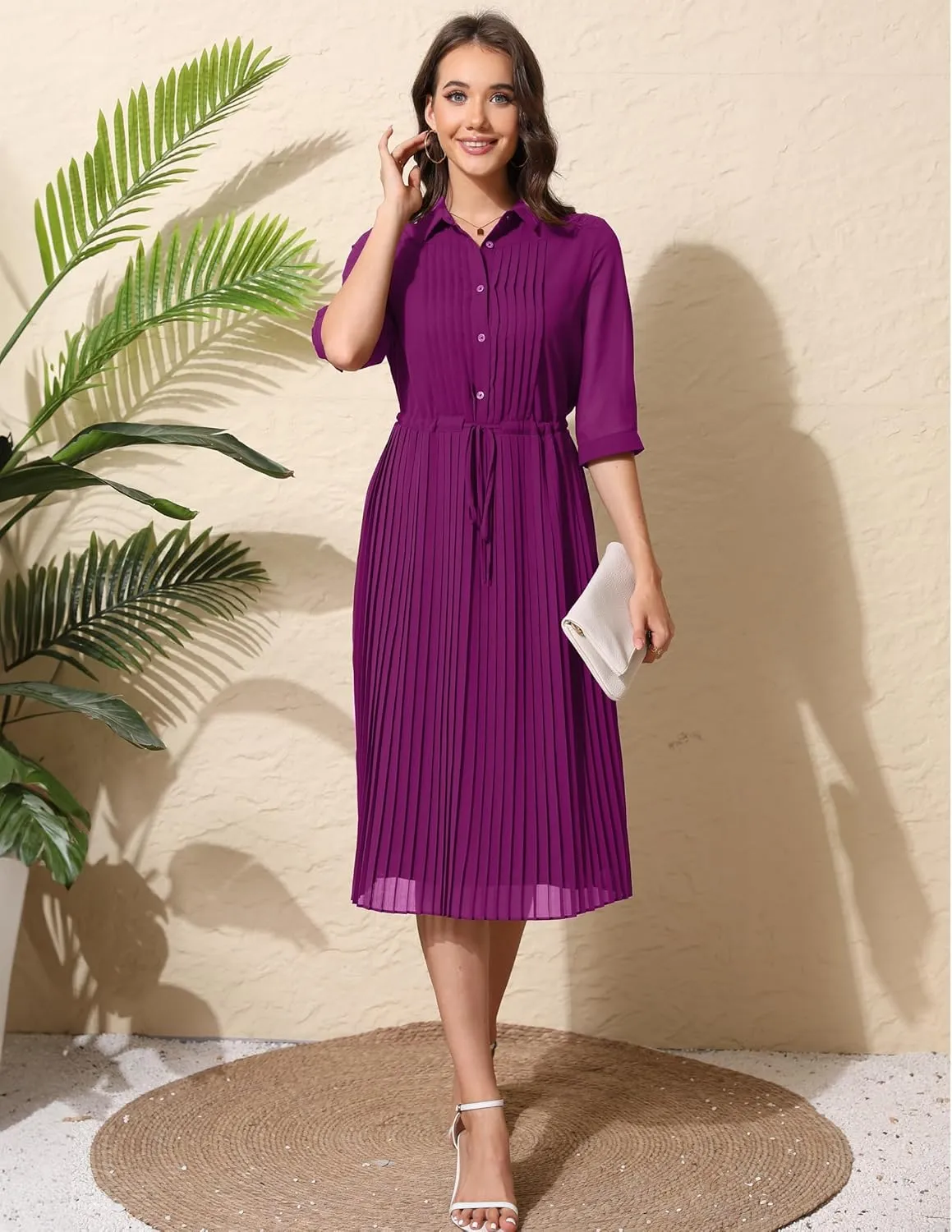 Women V Neck 3/4 Sleeve Pleated A-Line Dress with Belt Swing Midi Dresses for Spring Summer Autumn