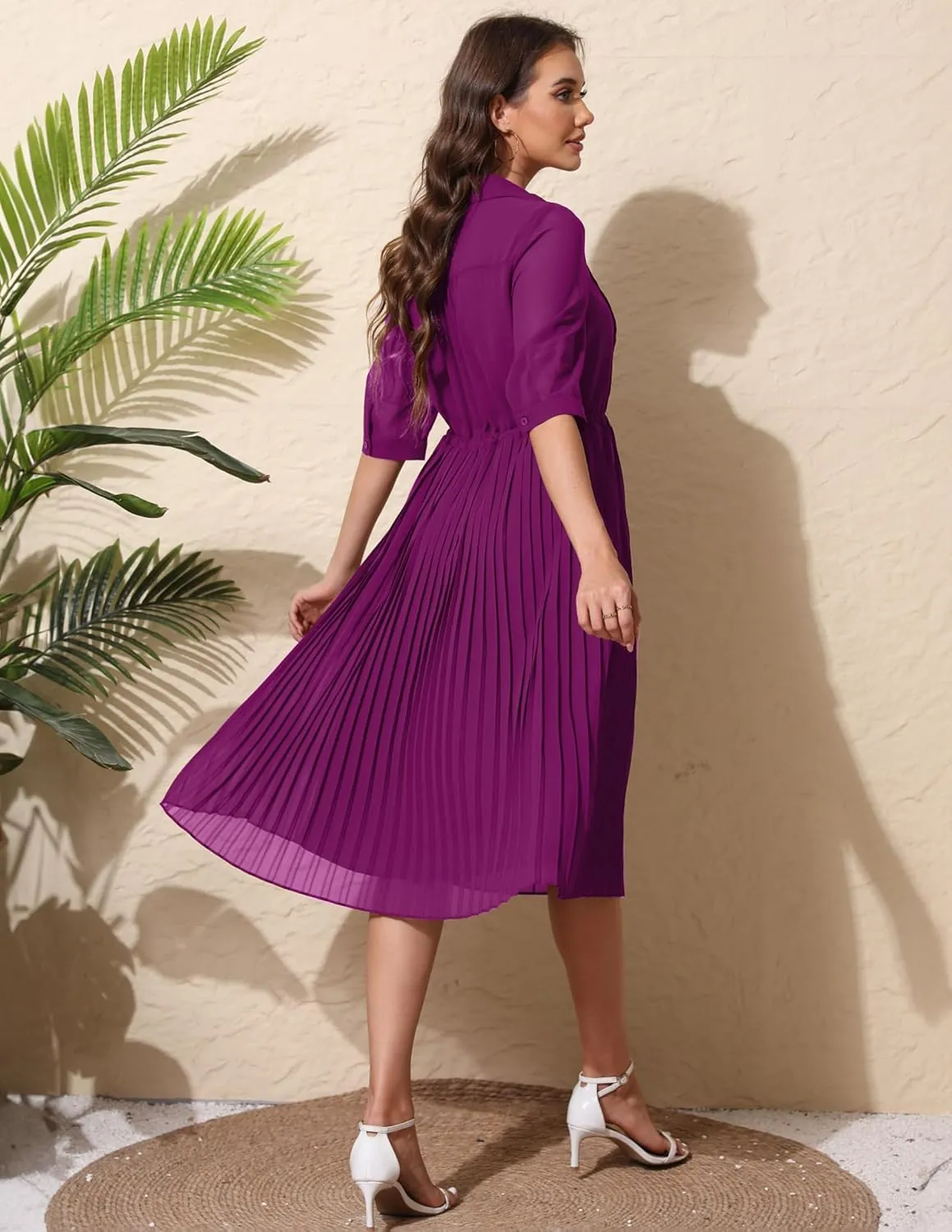 Women V Neck 3/4 Sleeve Pleated A-Line Dress with Belt Swing Midi Dresses for Spring Summer Autumn