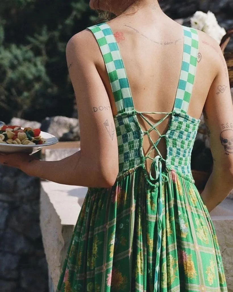 Women Vacation Floral Maxi Dress Boho Tiered Flowy Smocked Long Dresses Summer Backless Sundress