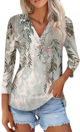 Women's 3/4 Sleeve Tops Polo Shirts V Neck Collared Tshirt Cute Printed Tee Blouse Casual Three Quarter Sleeve Tops