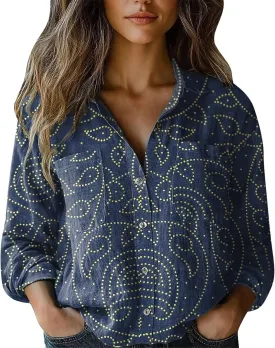 Womens Ethnic Shirts Floral Print Long Sleeve V Neck Button Down Shirt Vintage Causal Boho Blouses Gauze Tunic Tops