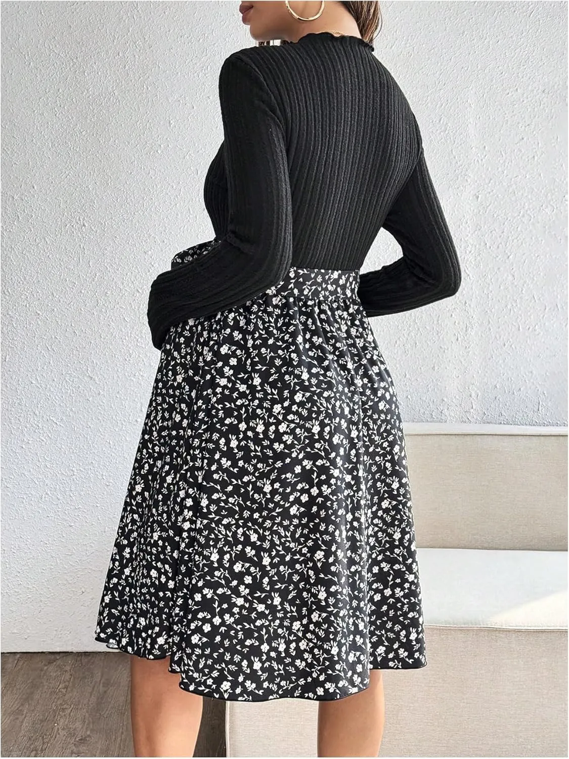 Women's Maternity Dress Floral Print Long Sleeve Belted Flowy Pregnancy Dresses