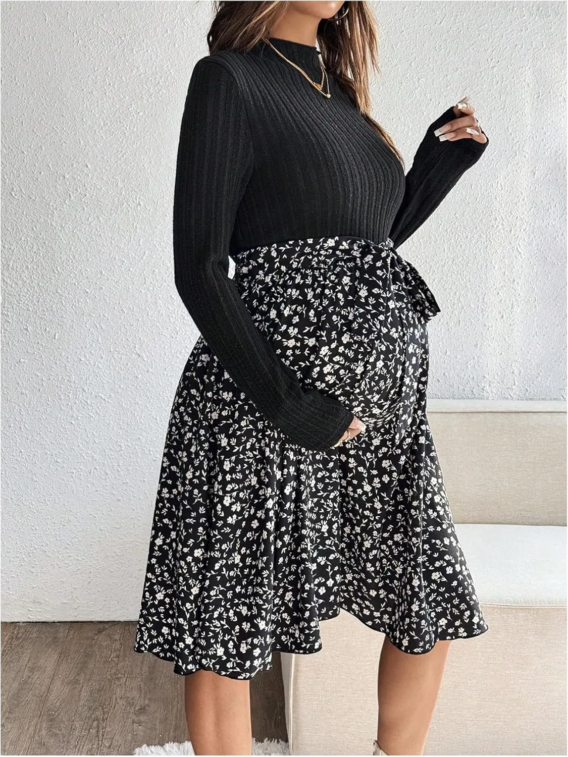 Women's Maternity Dress Floral Print Long Sleeve Belted Flowy Pregnancy Dresses