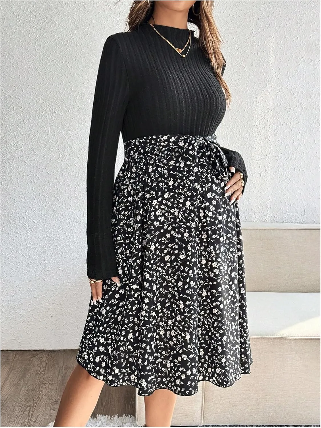 Women's Maternity Dress Floral Print Long Sleeve Belted Flowy Pregnancy Dresses