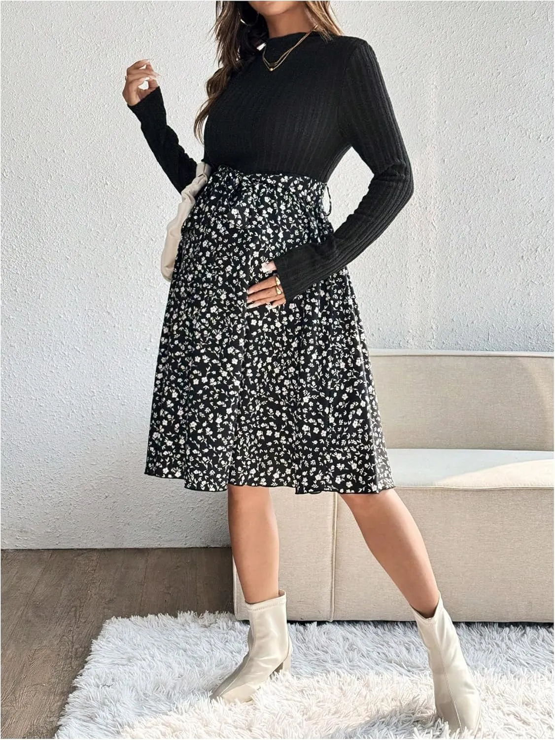 Women's Maternity Dress Floral Print Long Sleeve Belted Flowy Pregnancy Dresses