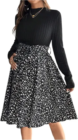 Women's Maternity Dress Floral Print Long Sleeve Belted Flowy Pregnancy Dresses