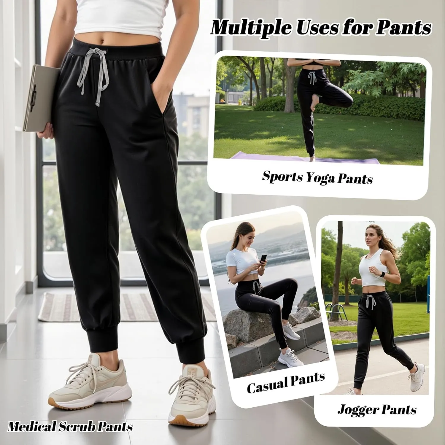 Women's Scrub Pants, Lightweight Soft Stretch Yoga Jogger with Elastic Drawstring Waistband, Mid-Rise Slim Fit Cargo Pants