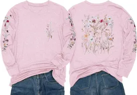 Women's Sleeve Print Flowers T-Shirt Casual Long Sleeve Boho Wildflowers Vintage Botanical Floral Nature Tees Tops