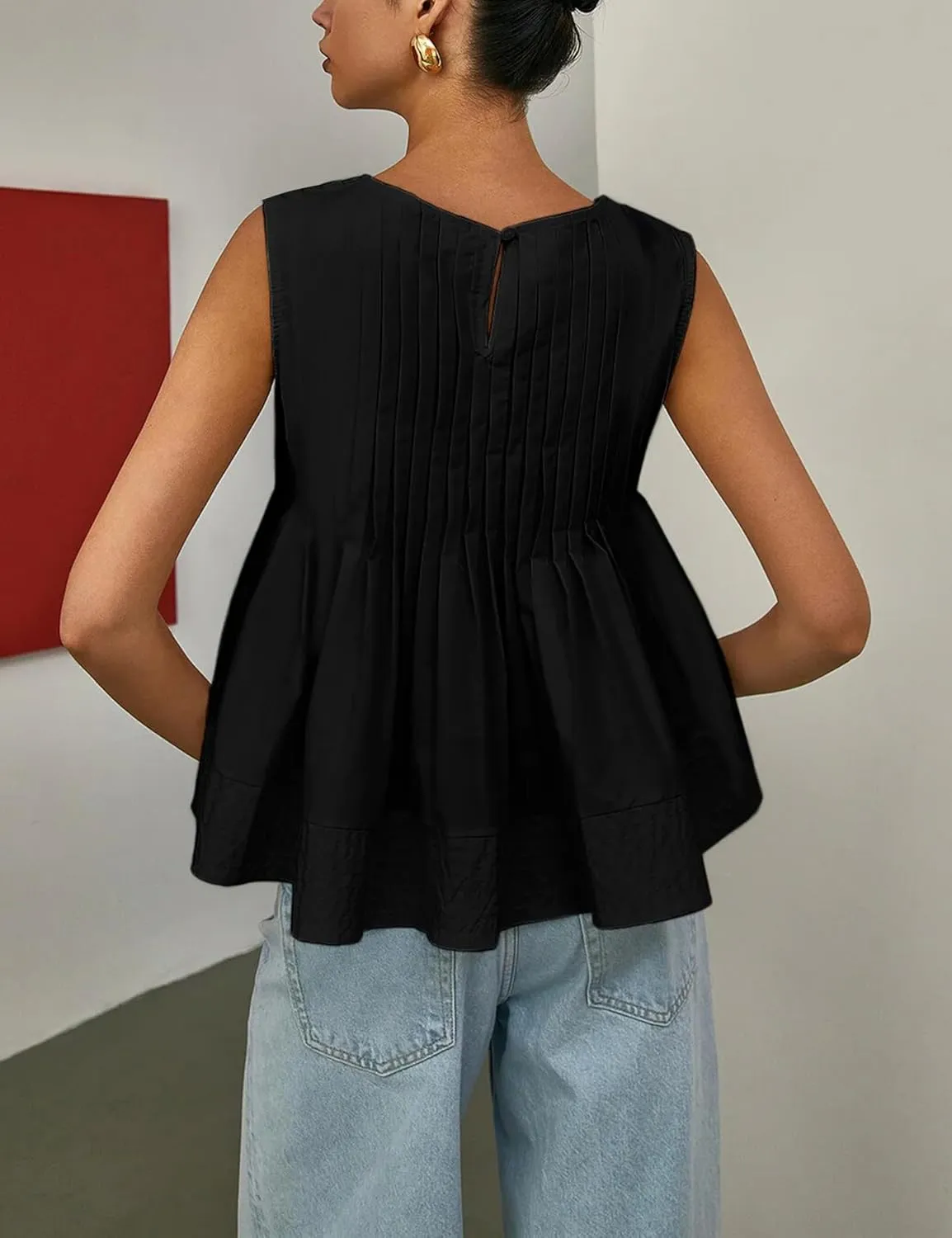 Womens Summer Tank Tops Pleated Babydoll Tops Sleeveless Peplum Casual Blouse T Shirts