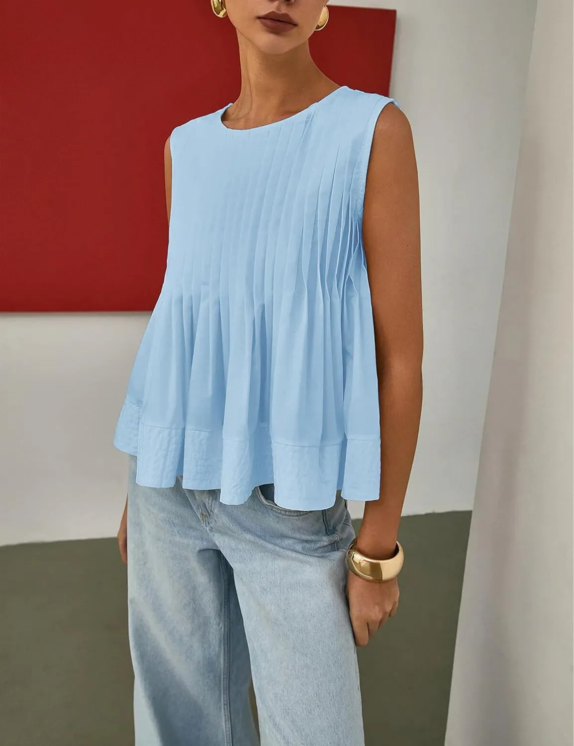 Womens Summer Tank Tops Pleated Babydoll Tops Sleeveless Peplum Casual Blouse T Shirts