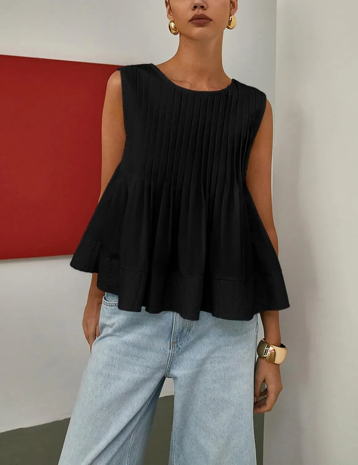 Womens Summer Tank Tops Pleated Babydoll Tops Sleeveless Peplum Casual Blouse T Shirts