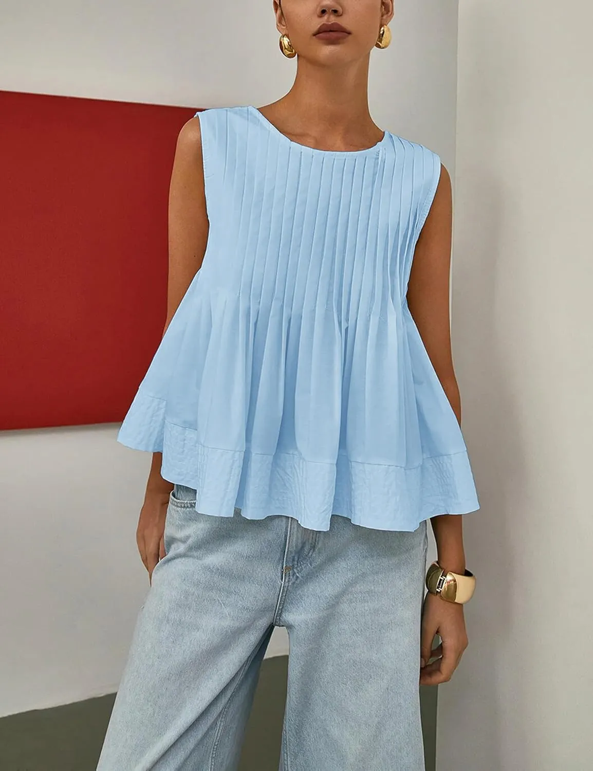 Womens Summer Tank Tops Pleated Babydoll Tops Sleeveless Peplum Casual Blouse T Shirts