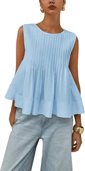 Womens Summer Tank Tops Pleated Babydoll Tops Sleeveless Peplum Casual Blouse T Shirts