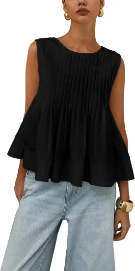 Womens Summer Tank Tops Pleated Babydoll Tops Sleeveless Peplum Casual Blouse T Shirts