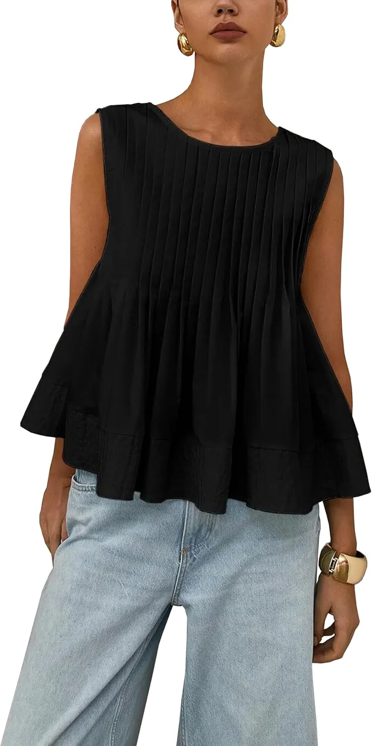 Womens Summer Tank Tops Pleated Babydoll Tops Sleeveless Peplum Casual Blouse T Shirts