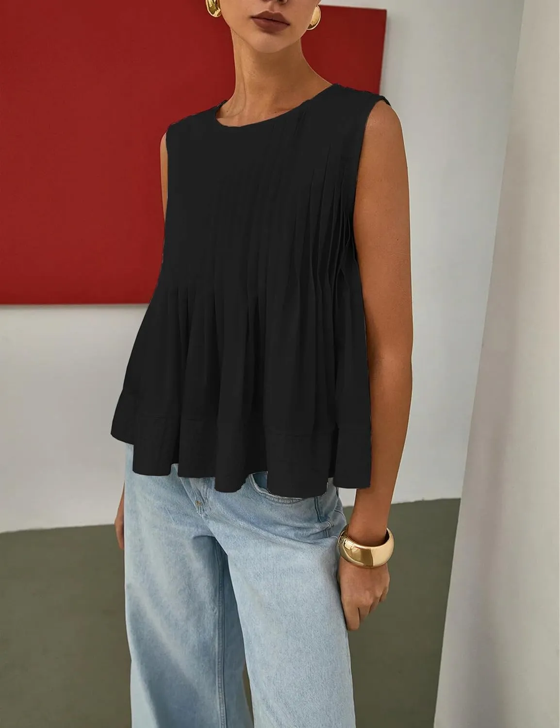 Womens Summer Tank Tops Pleated Babydoll Tops Sleeveless Peplum Casual Blouse T Shirts