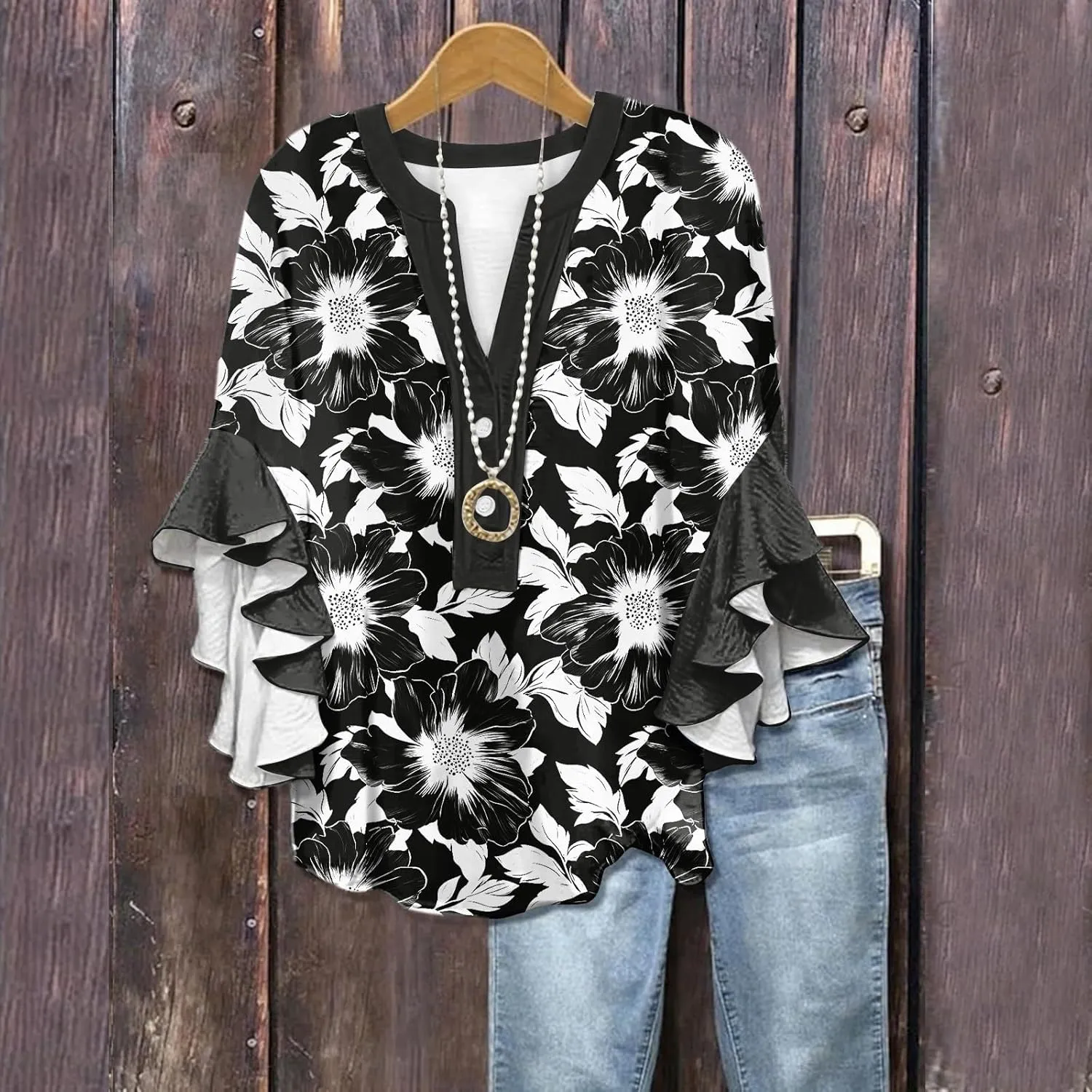 Womens Summer Tops 3/4 Length Sleeve Shirts for Women Plus Size Ruffle Sleeve V Neck Button Down Floral Tunic Tops