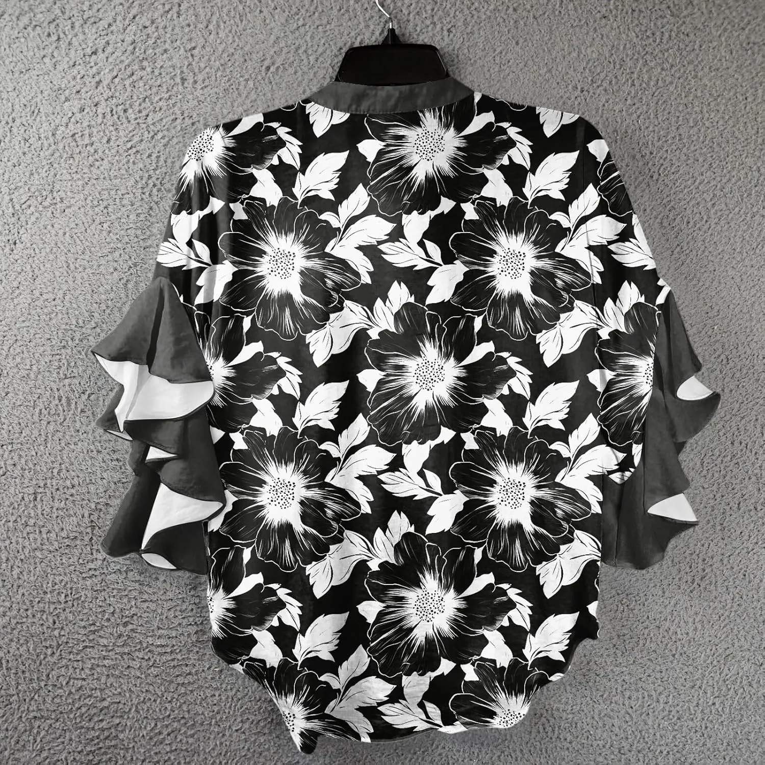 Womens Summer Tops 3/4 Length Sleeve Shirts for Women Plus Size Ruffle Sleeve V Neck Button Down Floral Tunic Tops