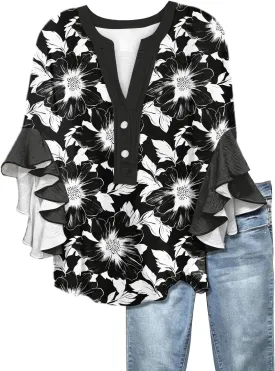 Womens Summer Tops 3/4 Length Sleeve Shirts for Women Plus Size Ruffle Sleeve V Neck Button Down Floral Tunic Tops