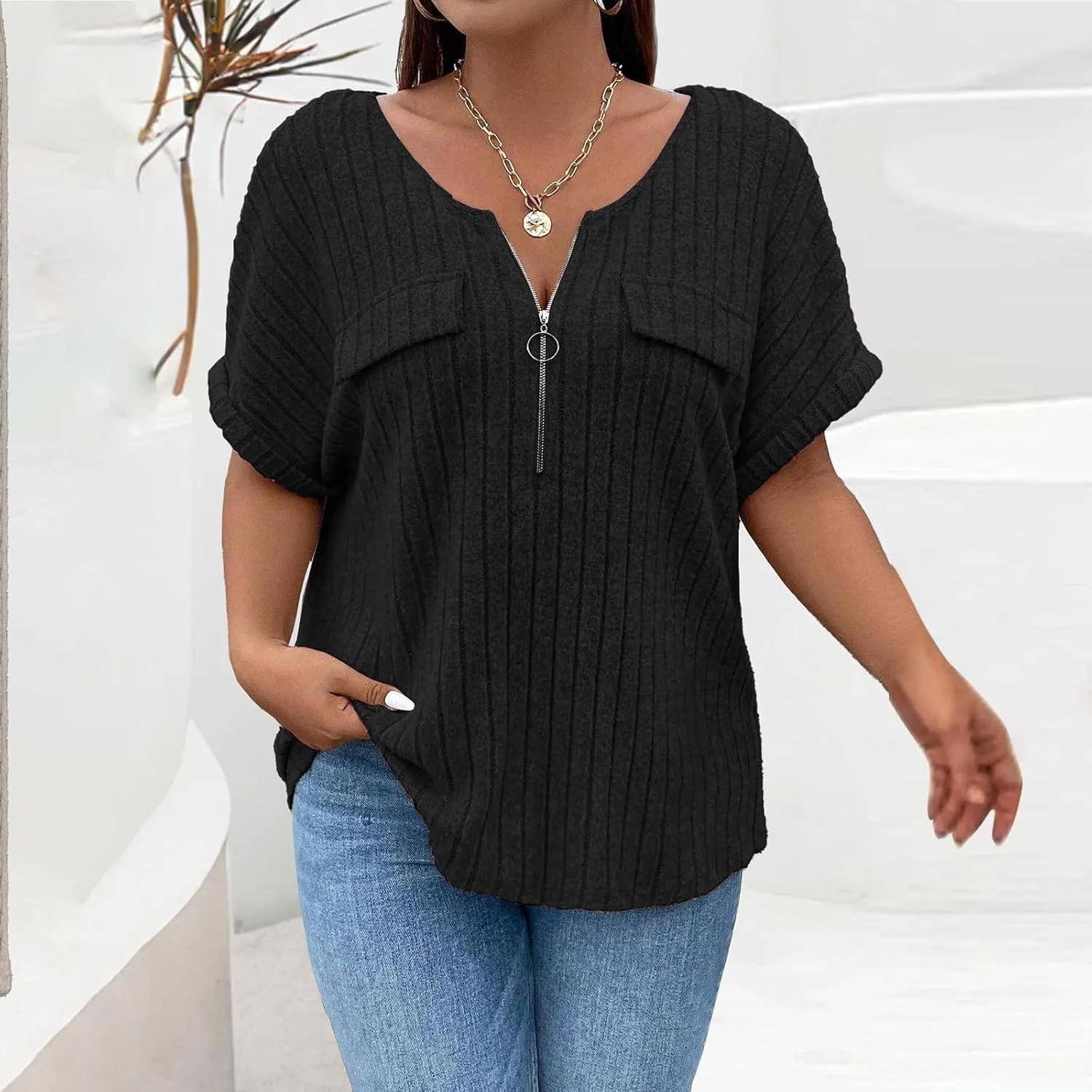 Womens Top Dressy Casual Short Sleeve Blouses V Neck Shirts 2025 Trendy Summer Fashion Loose Fit Zip-up Work Tops