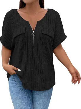 Womens Top Dressy Casual Short Sleeve Blouses V Neck Shirts 2025 Trendy Summer Fashion Loose Fit Zip-up Work Tops