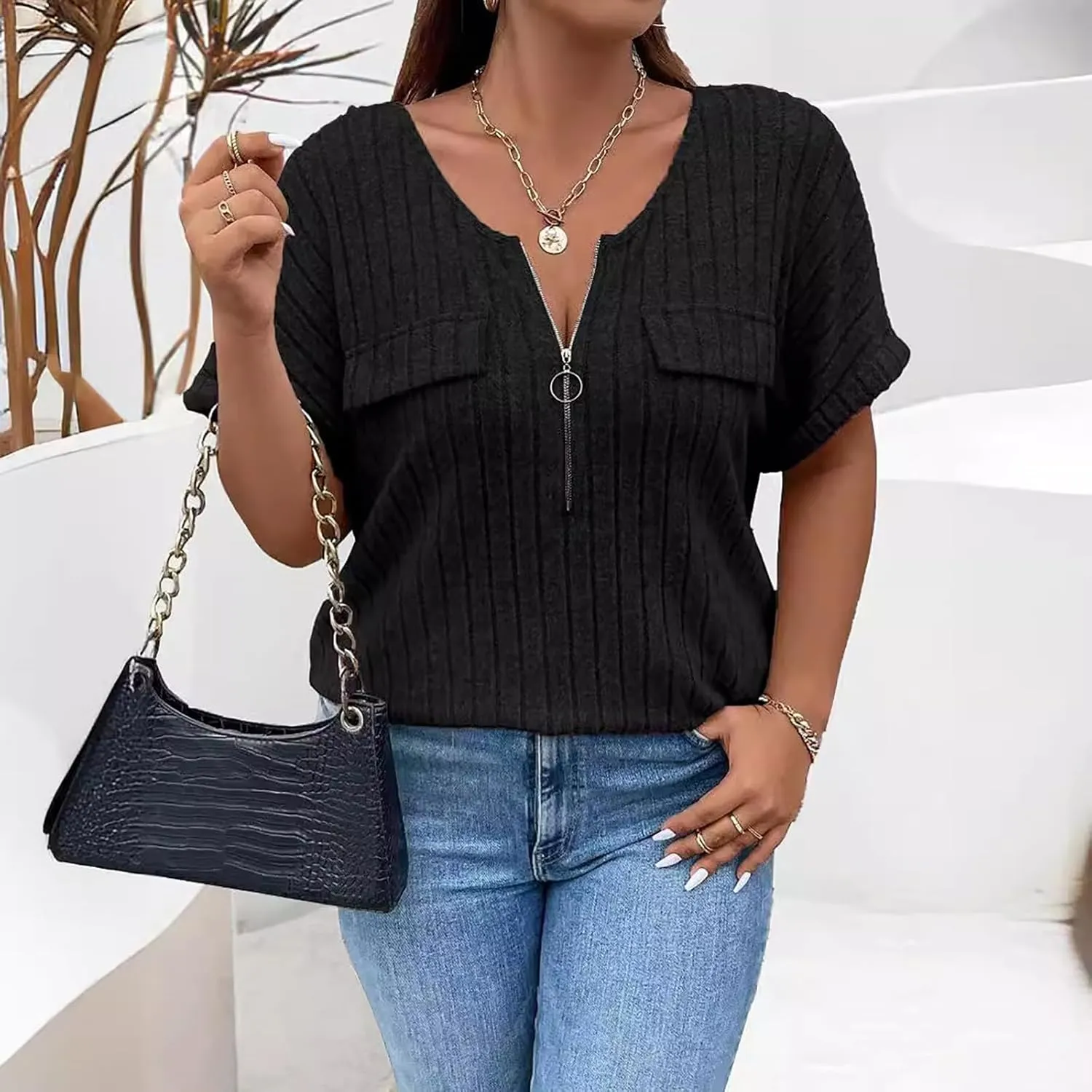 Womens Top Dressy Casual Short Sleeve Blouses V Neck Shirts 2025 Trendy Summer Fashion Loose Fit Zip-up Work Tops