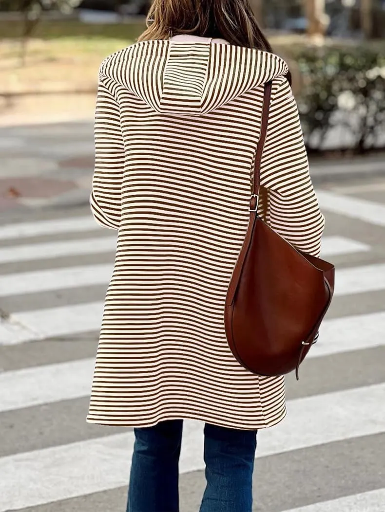 Womens Trench Coats with Hood Lightweight Lapel Button Down Striped Jacket Coat Casual Long Sleeve Outwear with Pocket