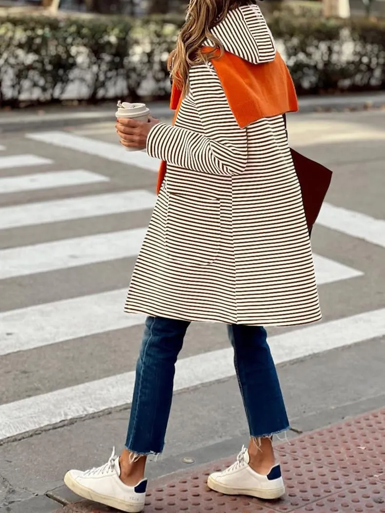 Womens Trench Coats with Hood Lightweight Lapel Button Down Striped Jacket Coat Casual Long Sleeve Outwear with Pocket